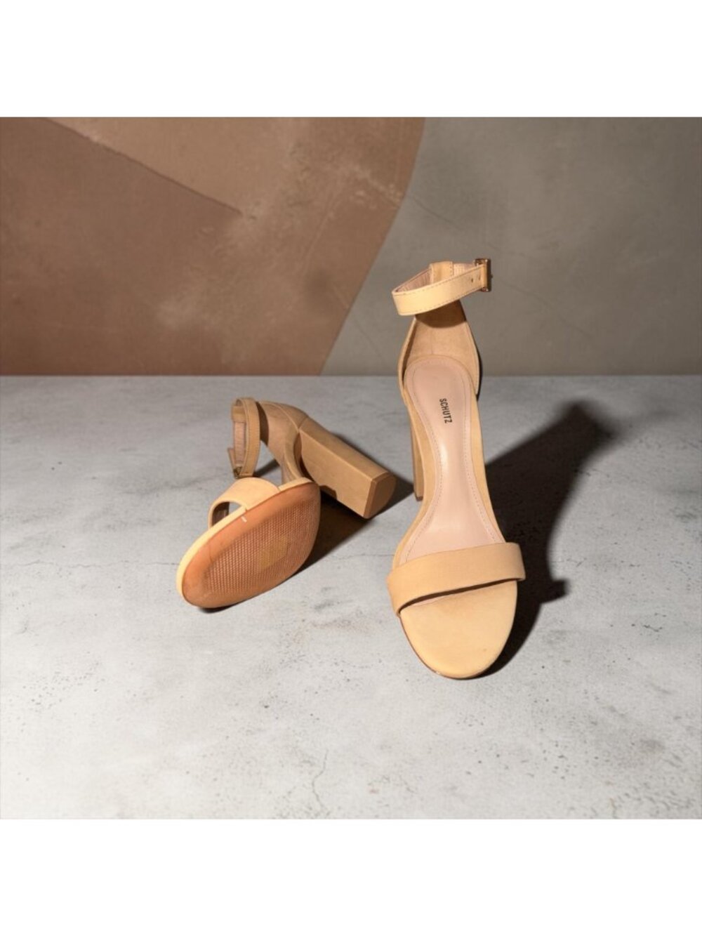 SCHUTZ Enida Heeled Sandal Womens 7.5 B Nude Nubuck Block Heel Neutral Lightwood - Picture 2 of 11